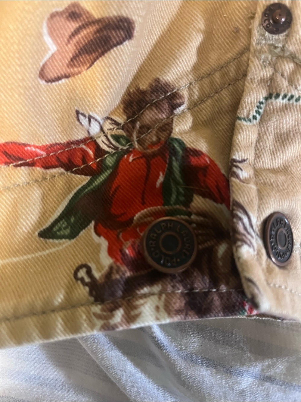Rare Vintage Ralph Lauren Tan Western Rodeo Print Corduroy-Collar Jean Jacket - Picture 7 of 8